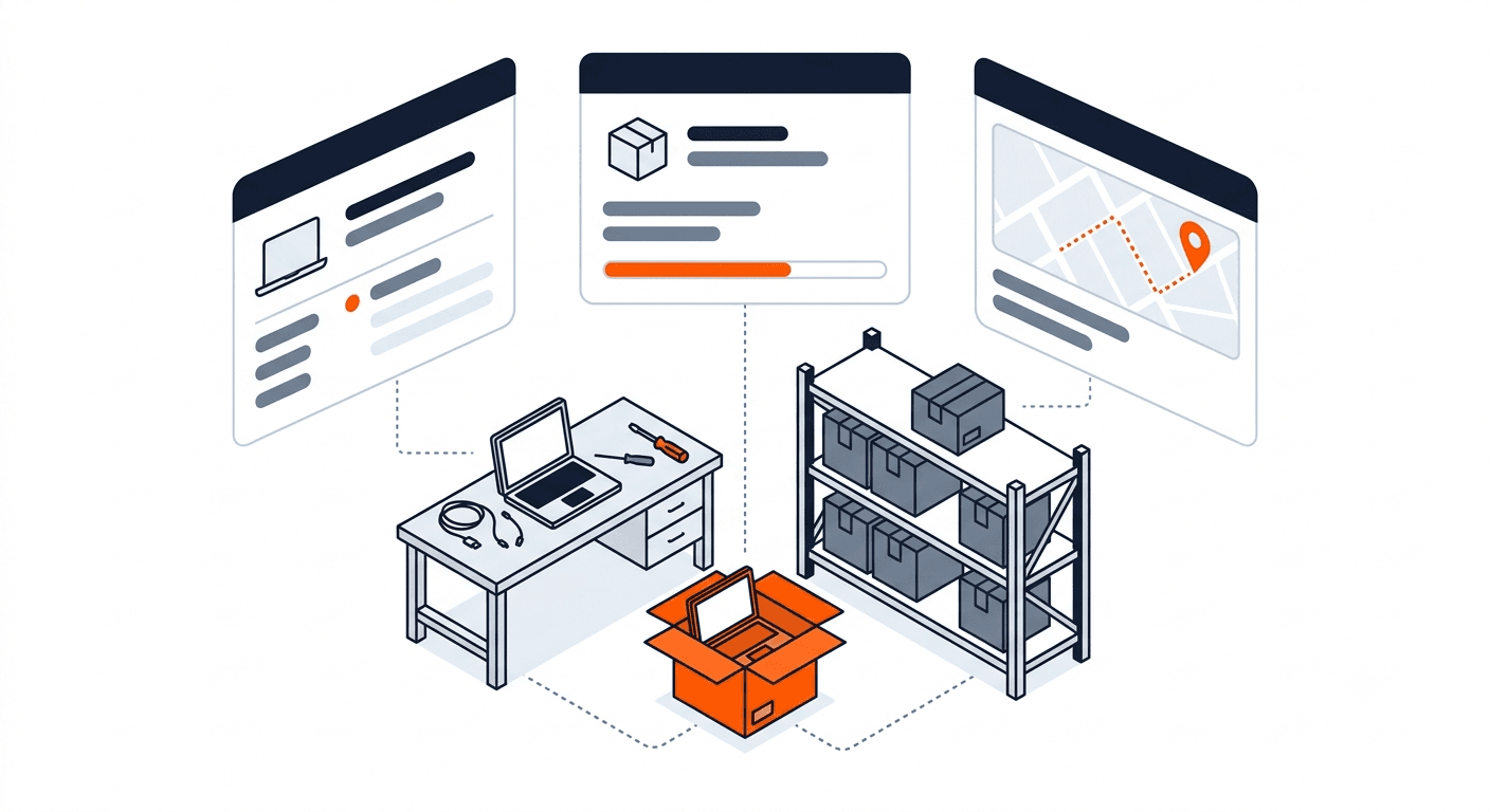 Isometric illustration of the Deployo depot workflow: prep bench, tracked shipping box, and shelved inventory linked to portal screens